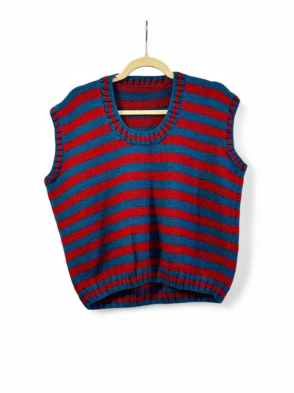 Vintage Handmade Striped Sweater Vest in Blue & Red, Large